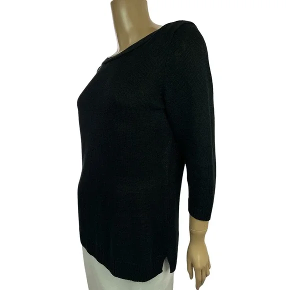 Talbots Black Pullover Sweater 3/4 Sleeve Size M Boatneck Loose Weave - Picture 4 of 5